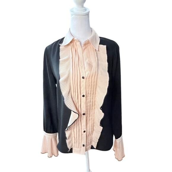 alberto malaki Tops - ALBERTO MALAKI x Womens Black and Tan Formal Flowy blouse size M